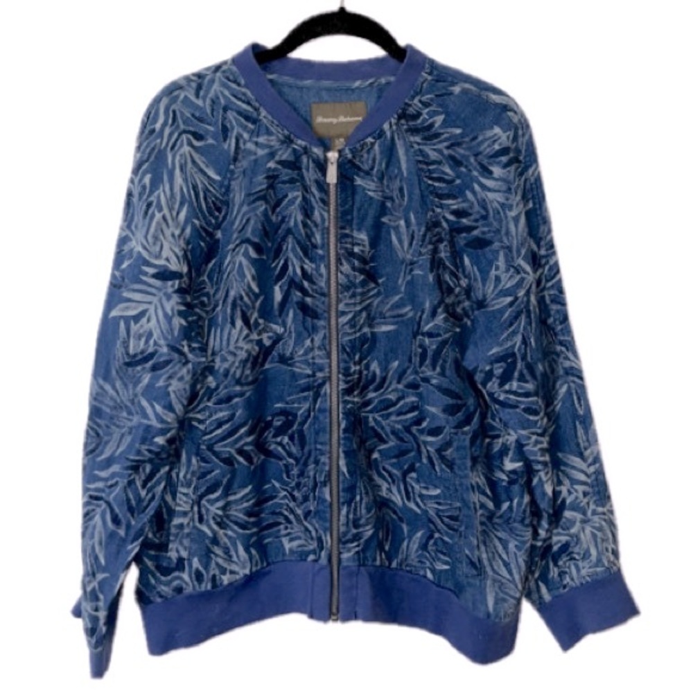 Tommy Bahama Jacket Womens Size Large Blue Linen Botanical Print Zip Up Bomber